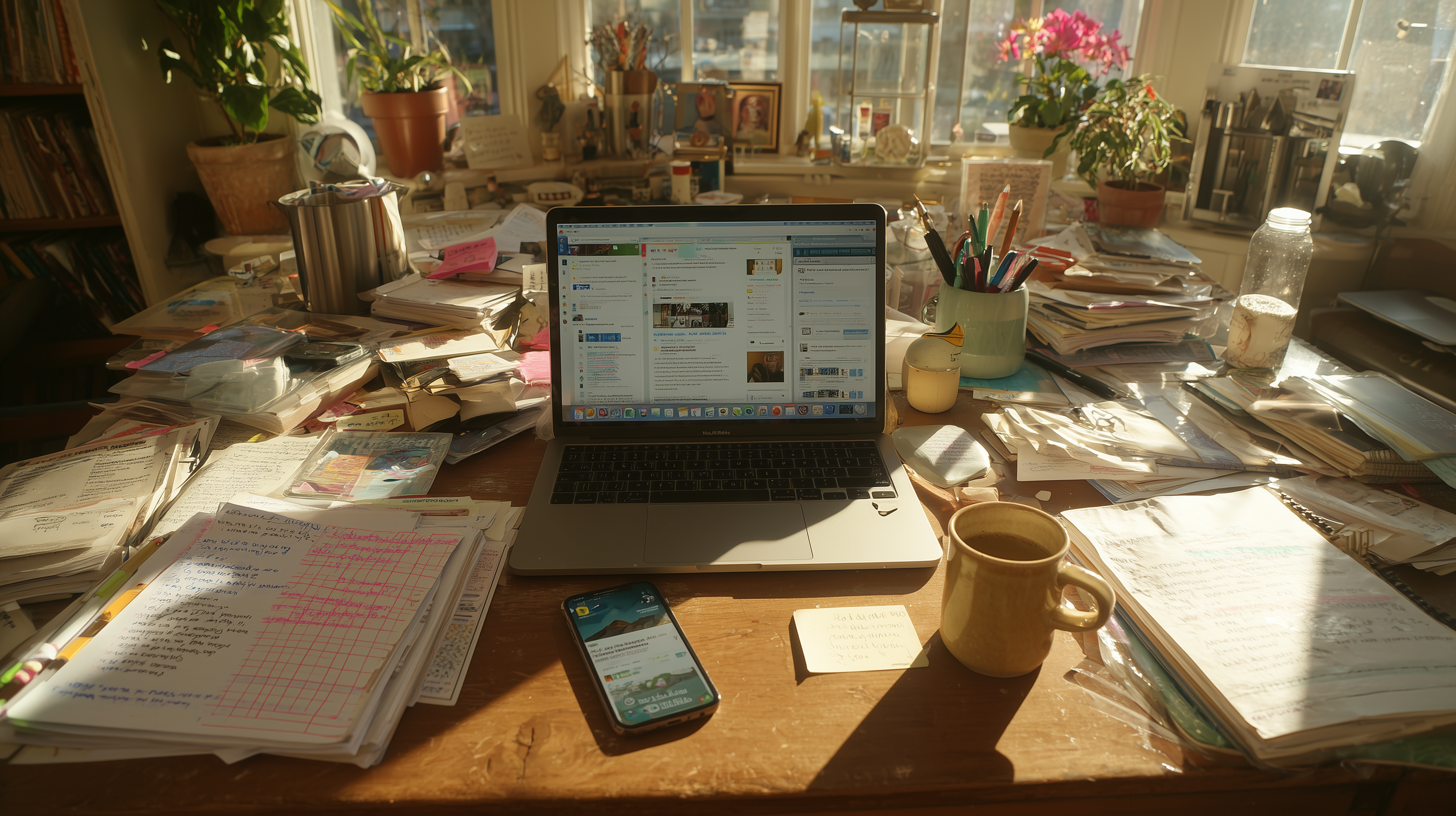 Cluttered desk with spreadsheets